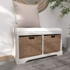 Kirklands Home Entryway Furniture|Cream Wood Bench with Storage Baskets White
