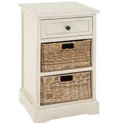 Kirklands Home Accent & End Tables|Cream Wood Side Table with Woven Baskets Ivory