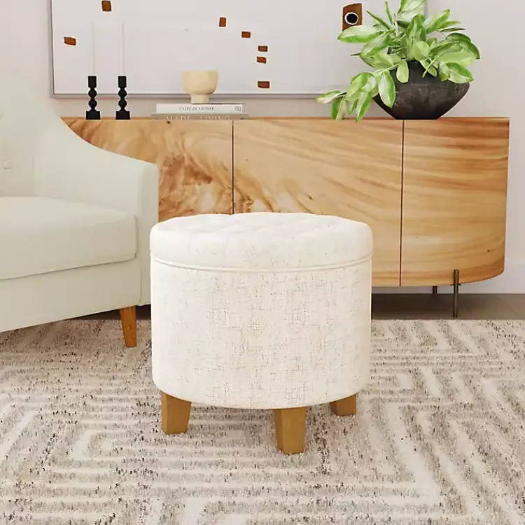 Kirklands Home Benches & Ottomans|Cream Woven Upholstered Tufted Storage Ottoman White