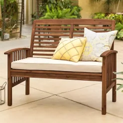 Kirklands Home Outdoor Seating|Dark Acacia Wood Loveseat Bench with Cushion Brown