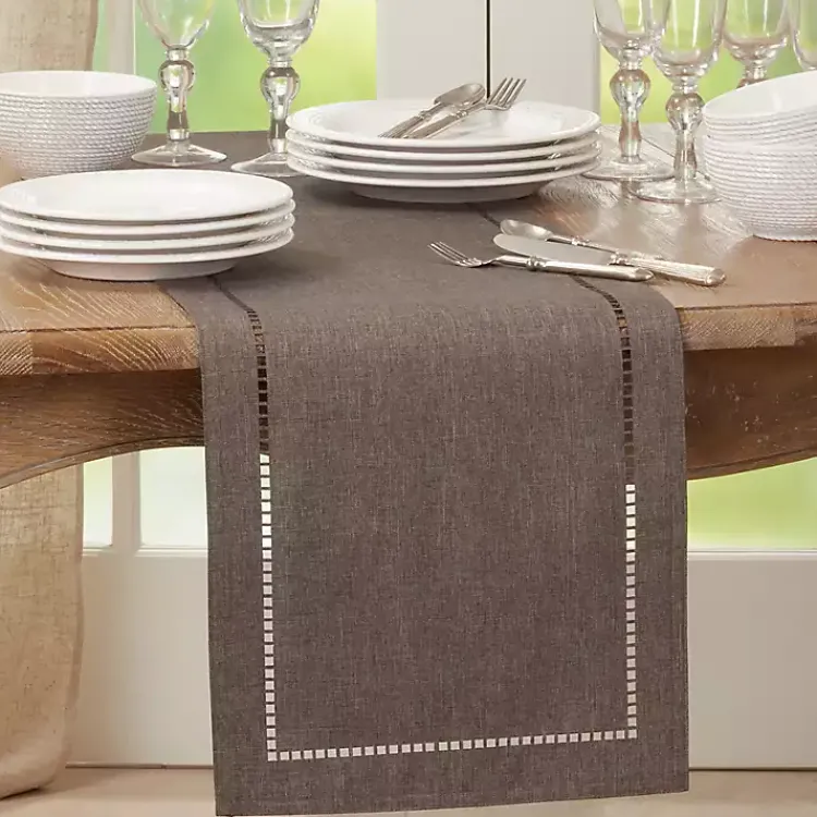 Kirklands Home Table Linens|Dark Hemstitch Border Table Runner Gray