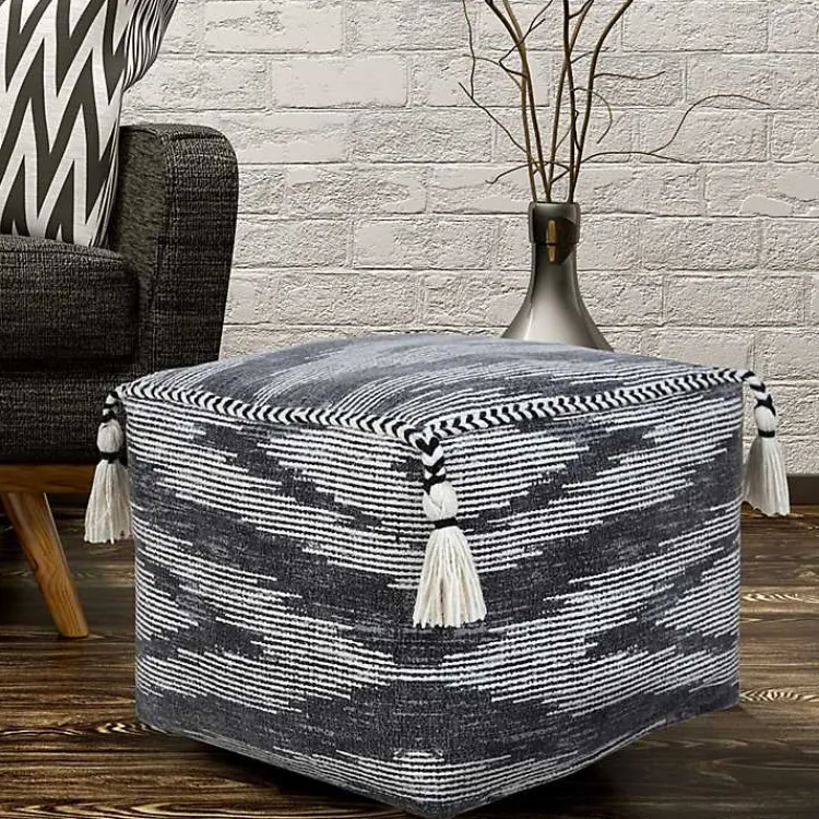 Online Dark Gray Tasseled Static Geo Cotton Square Pouf Poufs & Floor Cushions