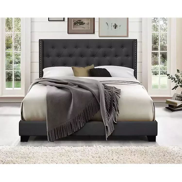 Kirklands Home Beds & Headboards|Dark Upholstered Button Tufted Wing Queen Bed Gray