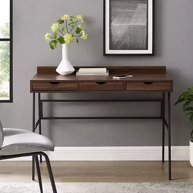Kirklands Home Office Furniture|Dark Walnut Angled 3-Drawer Desk