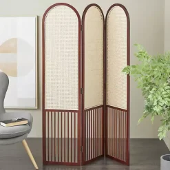 Online Dark Wood & Rattan Arched Trifold Room Divider Decorative Accents