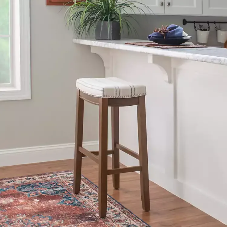 Kirklands Home Bar Stools & Counter Height Stools|Dark Wood Bar Stool with Striped Cushion Gray