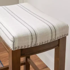 Kirklands Home Bar Stools & Counter Height Stools|Dark Wood Bar Stool with Striped Cushion Gray