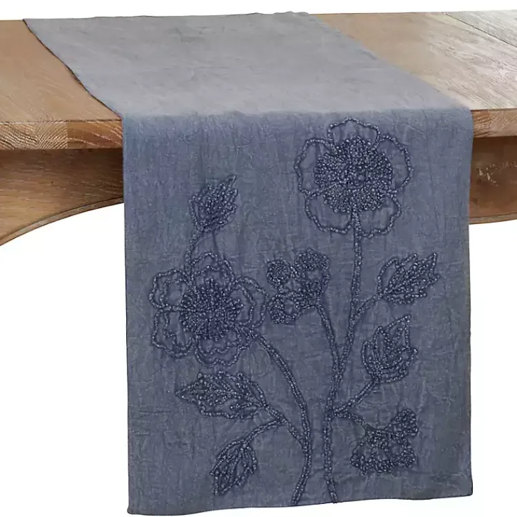 Kirklands Home Table Linens|Deep Floral Embroidered Table Runner Blue