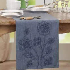 Kirklands Home Table Linens|Deep Floral Embroidered Table Runner Blue