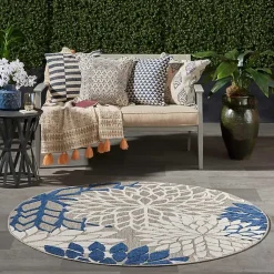 Kirklands Home Outdoor Rugs|Denim Floral Burst Round Outdoor Area Rug