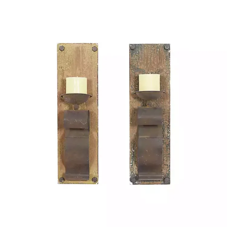 Sale Distressed Brown Wood Wall Sconces, Set of 2 Sconces