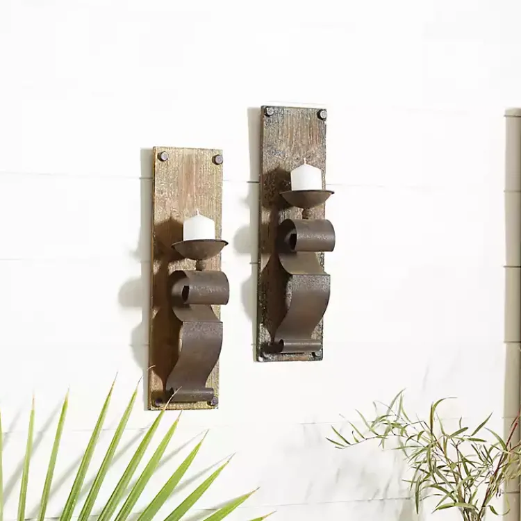 Sale Distressed Brown Wood Wall Sconces, Set of 2 Sconces