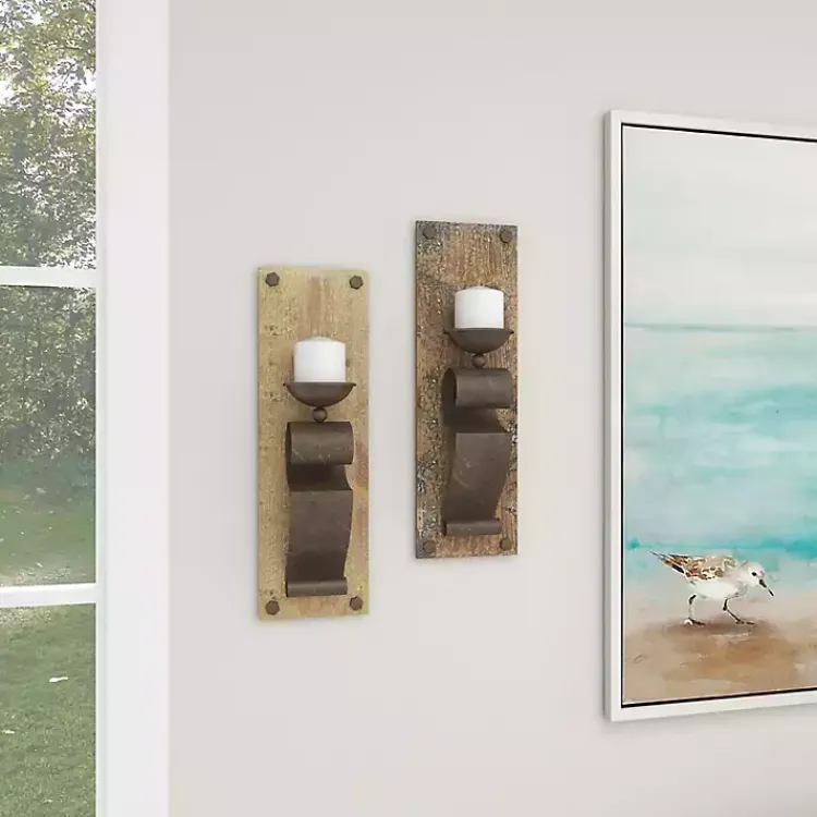 Sale Distressed Brown Wood Wall Sconces, Set of 2 Sconces