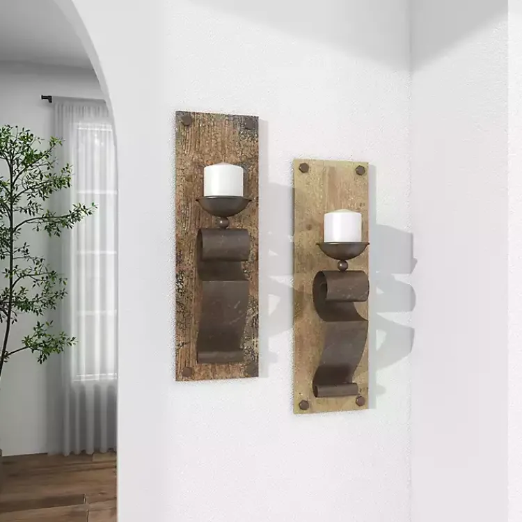 Sale Distressed Brown Wood Wall Sconces, Set of 2 Sconces