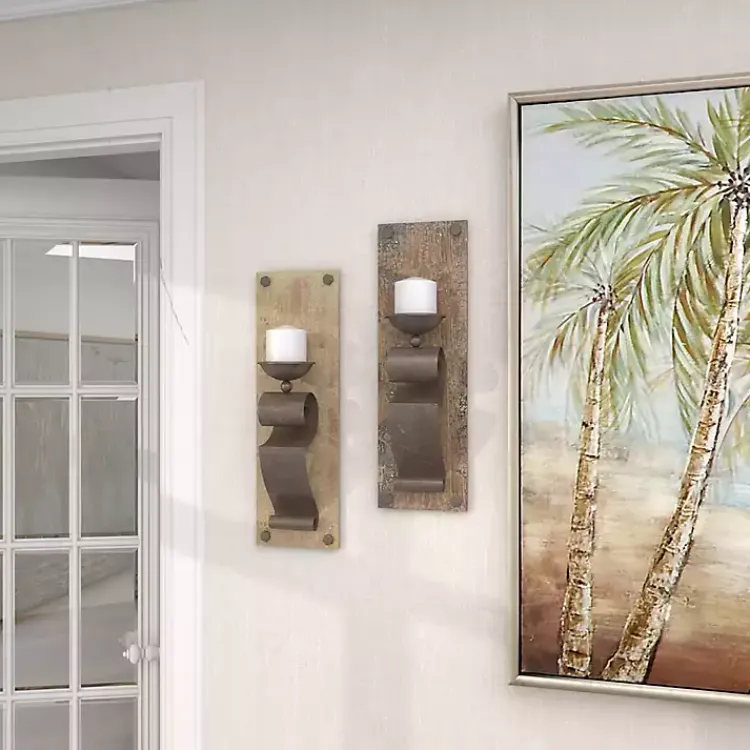 Sale Distressed Brown Wood Wall Sconces, Set of 2 Sconces