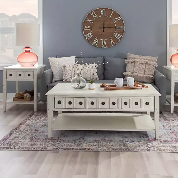 Kirklands Home Coffee Tables|Distressed Cream Wood 3-Drawer Coffee Table Ivory