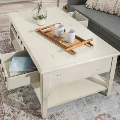 Kirklands Home Coffee Tables|Distressed Cream Wood 3-Drawer Coffee Table Ivory