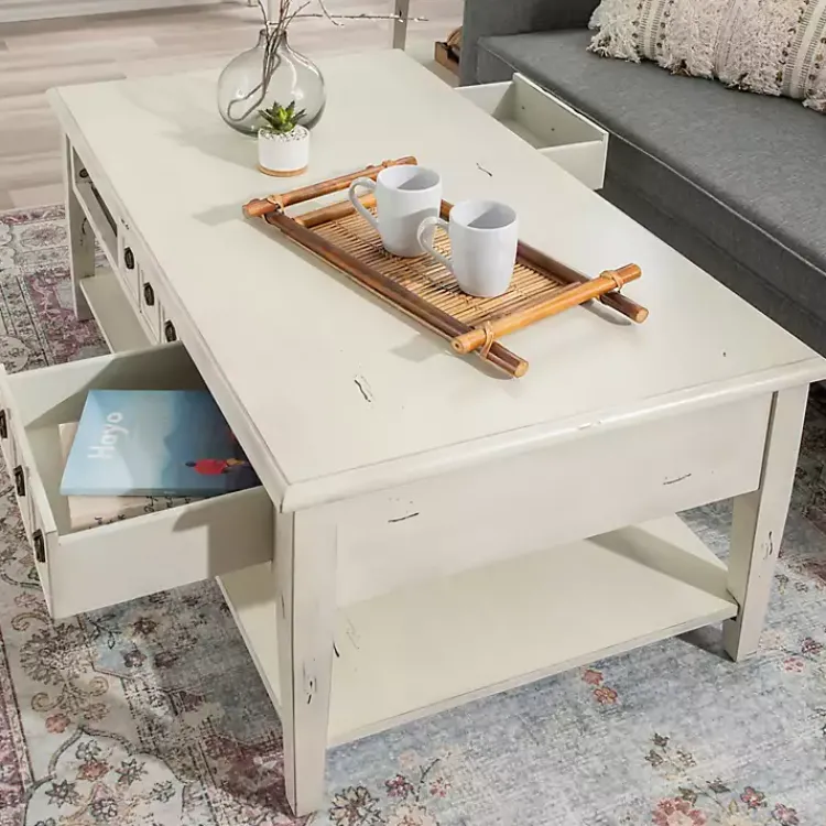 Kirklands Home Coffee Tables|Distressed Cream Wood 3-Drawer Coffee Table Ivory
