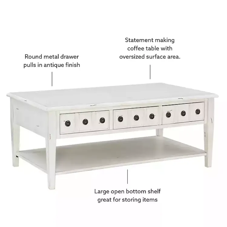 Kirklands Home Coffee Tables|Distressed Cream Wood 3-Drawer Coffee Table Ivory