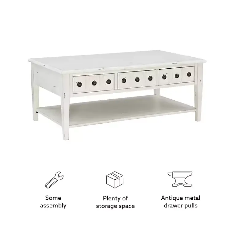 Kirklands Home Coffee Tables|Distressed Cream Wood 3-Drawer Coffee Table Ivory