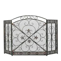Distressed Fleur De Lis Three-Panel Fire Screen Fireplace Accessories