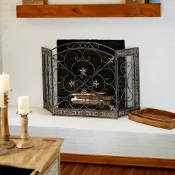 Distressed Fleur De Lis Three-Panel Fire Screen Fireplace Accessories