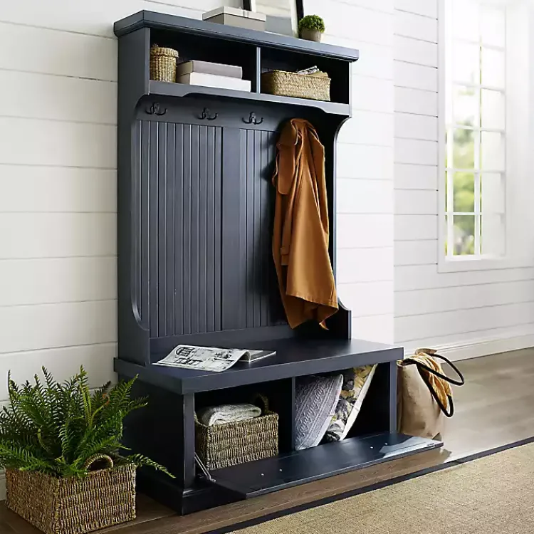 Kirklands Home Entryway Furniture|Distressed Navy Seanan Storage Hall Tree