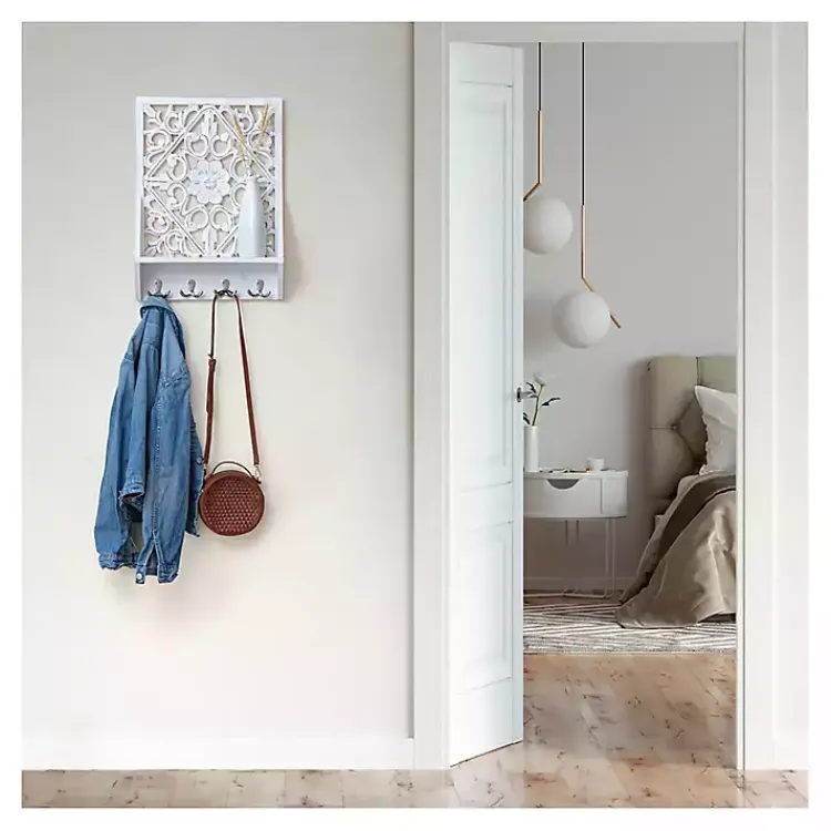 Kirklands Home Wall Storage|Distressed White Floral Carved Wall Shelf