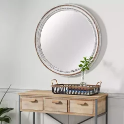 Kirklands Home Decorative Mirrors|Distressed White Wood Round Frame Wall Mirror