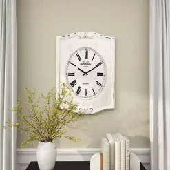 Kirklands Home Clocks|Distressed White Wood Scroll Wall Clock
