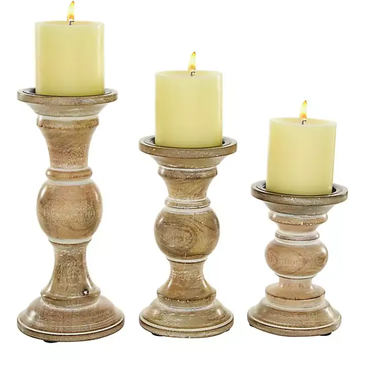 Discount Distressed Wood Pillar Candle Holders, Set of 3 Candle Holders