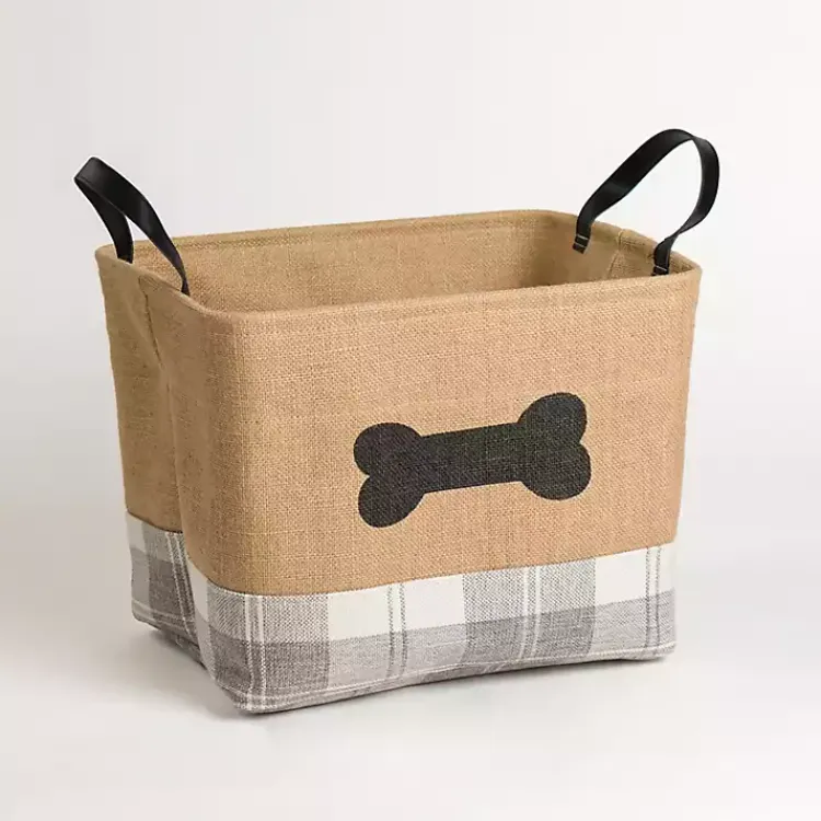 Online Dog Bone Gray Plaid Leather Handle Jute Bin Baskets & Boxes