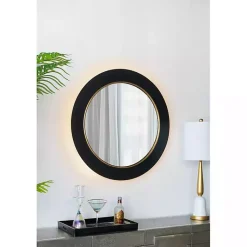 Kirklands Home Decorative Mirrors|Drew II Black and Gold Round LED Mirror