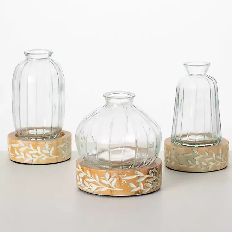 Online Embossed Wood and Glass Vases, Set of 3 Vases