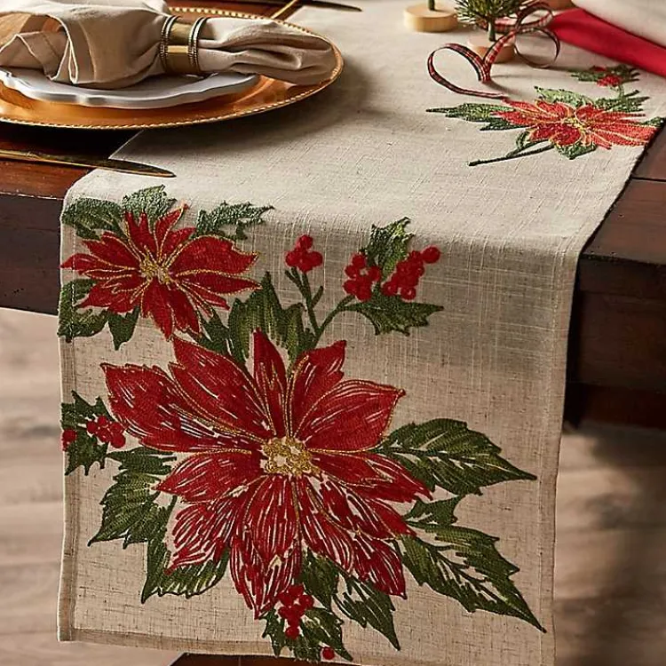Discount Embroidered Holly Poinsettia Table Runner Christmas Dining & Entertaining
