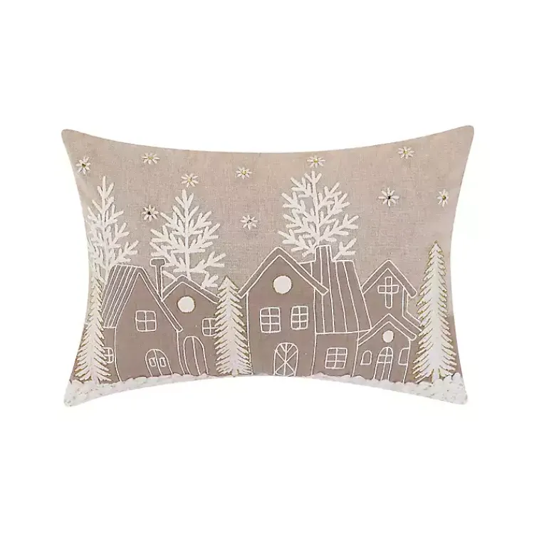 Discount Embroidered Neutral Village Lumbar Pillow Christmas Pillows
