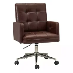 Kirklands Home Office Furniture|Espresso Tufted Faux Leather Swivel Office Chair Brown