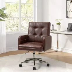Kirklands Home Office Furniture|Espresso Tufted Faux Leather Swivel Office Chair Brown