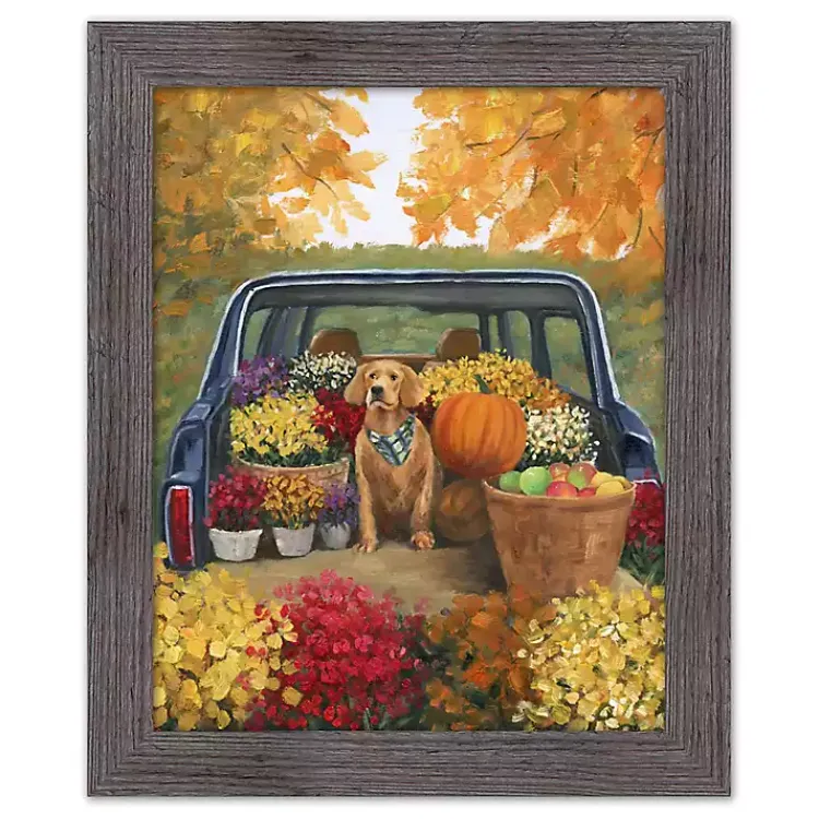 Clearance Fall Floral Dog Truck Framed Canvas Art Print Fall