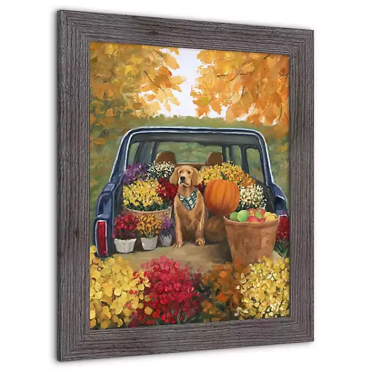 Clearance Fall Floral Dog Truck Framed Canvas Art Print Fall