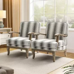 Kirklands Home Accent Chairs|Farmhouse Gray & Brown Striped Armchairs, Set of 2