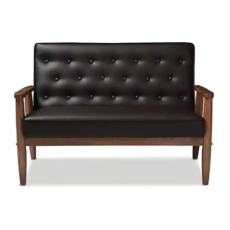Kirklands Home Sofas & Loveseats|Faux Leather and Rubberwood Loveseat, 49 in. Brown