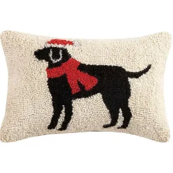 Clearance Festive Black Lab Hooked Wool Lumbar Pillow Christmas Pillows