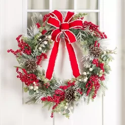 Discount Flocked Berries Wreath with Red Bow Wreaths