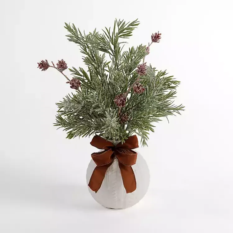 New Flocked Pinecone Arrangement with Bow Arrangements & Greenery
