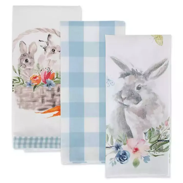 New Floral and Easter Bunnies Dish Towels, Set of 3 Easter Decorations