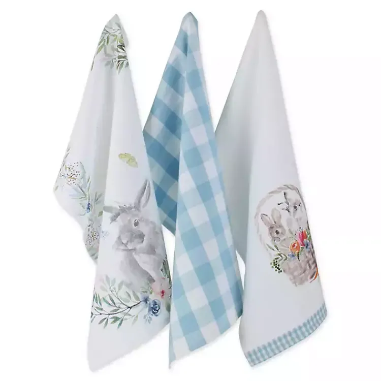 New Floral and Easter Bunnies Dish Towels, Set of 3 Easter Decorations