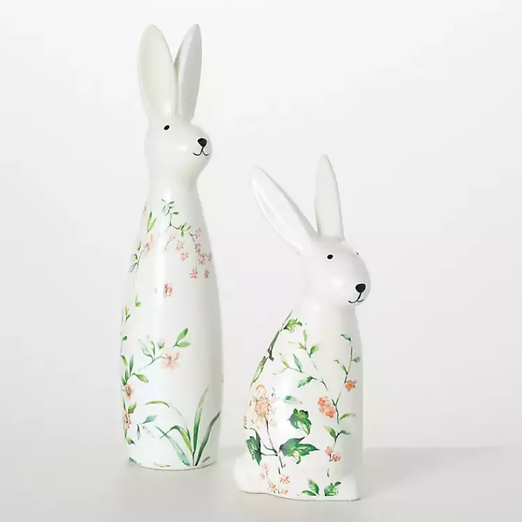 Floral Ceramic Bunny Figurines, Set of 2 Easter Decorations