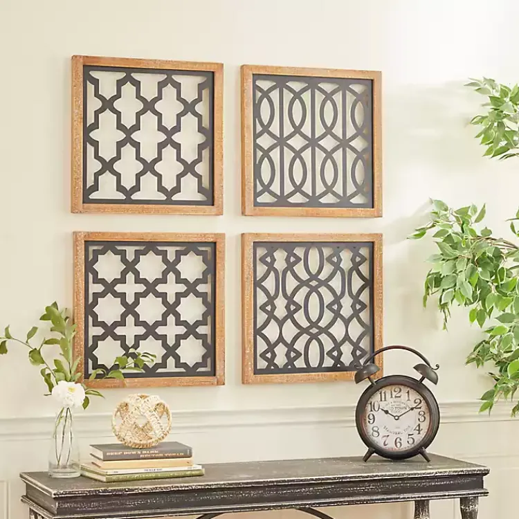 Kirklands Home Wall Plaques|Framed Matte Black Metal Wall Plaques, Set of 4