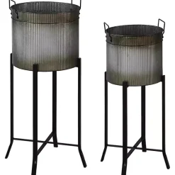Kirklands Home Planters|Galvanized Planters with Stands, Set of 2 Black